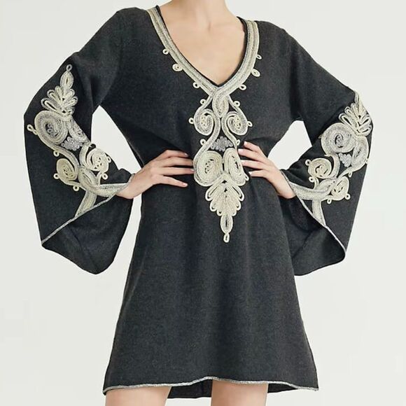 Calypso St. Barth Gray Metallic Ribbon Embroidered Cashmere Bell Sleeve Dress XS - Picture 6 of 11